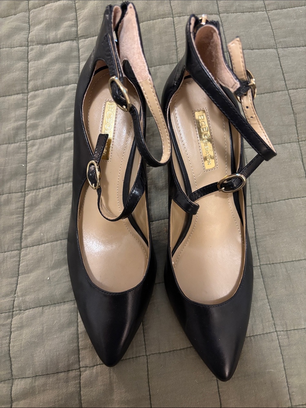BCBGMaxAzria Black Pointed T-Strap Heels with Double Gold Buckles - Size 8.